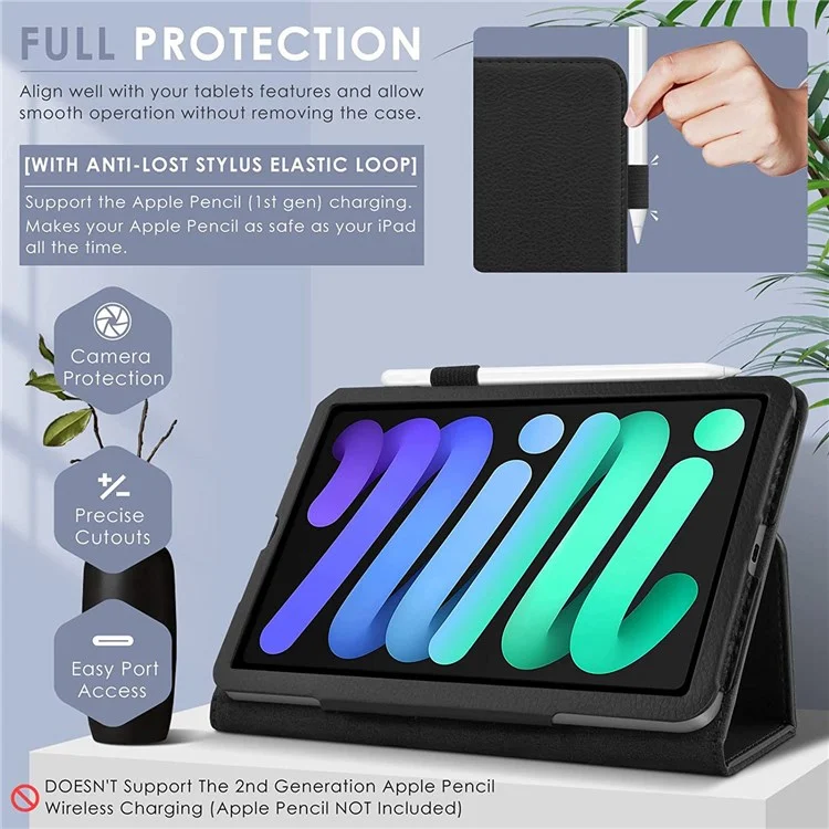 Well-Protected Shockproof Case for iPad mini (2024) / mini (2021) Litchi Texture PU Leather Folio Flip Cover Folding Stand Tablet Case - Black