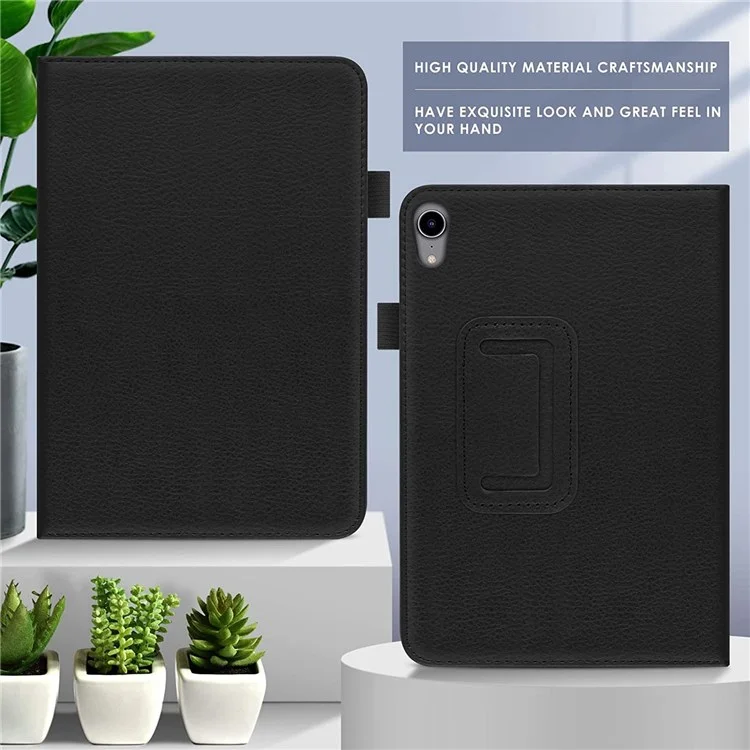 Well-Protected Shockproof Case for iPad mini (2024) / mini (2021) Litchi Texture PU Leather Folio Flip Cover Folding Stand Tablet Case - Black