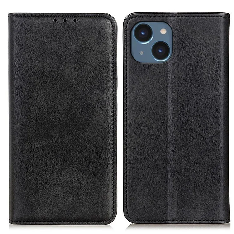 Per iPhone 14 6.1 pollici Custodia in pelle spaccata+TPU Funzione Portafoglio Stand Forte Aspirazione Magnetica Protezione Completa Copertura - Nero