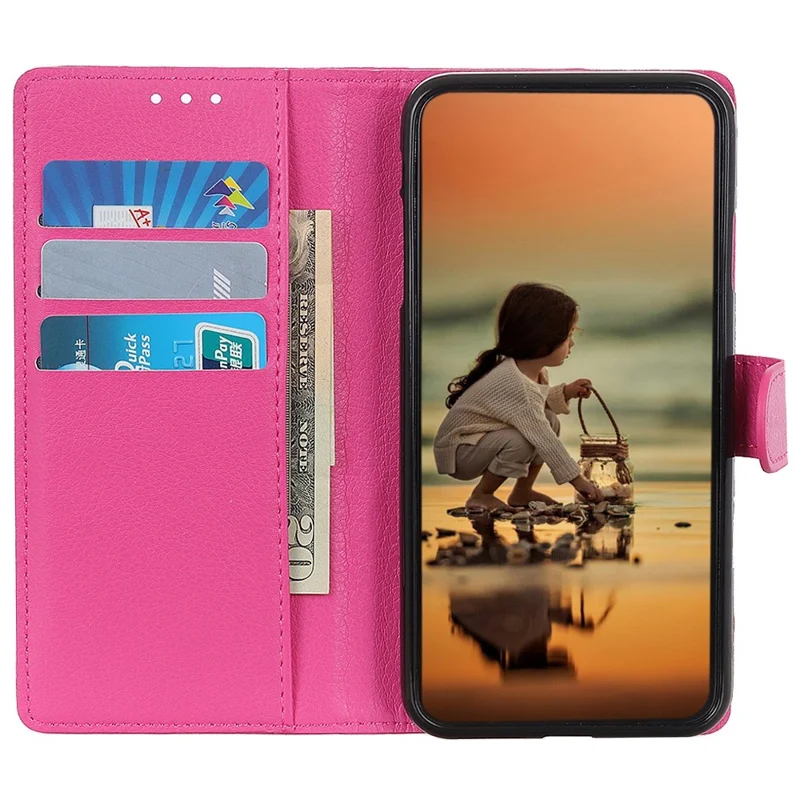 For iPhone 14 Pro 6.1 inch Litchi Texture Wear-resistant PU Leather Cover Stand Magnetic Protective Drop-proof Wallet Case - Rose