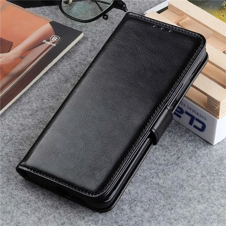 For iPhone 14 Pro 6.1 inch Crazy Horse Texture Phone Case Shockproof Stand Cover with Card Slots PU Leather Wallet Magnetic Protective Shell - Black