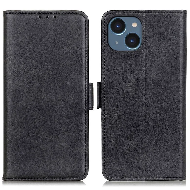 For iPhone 14 6.1 inch Textured Leather Flip Folio Wallet Case Dual Magnetic Clasps Protect Folding Stand Cover - Black