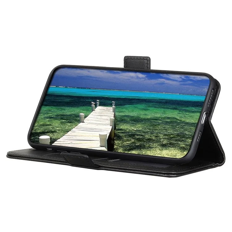 For iPhone 14 6.1 inch Textured Leather Flip Folio Wallet Case Dual Magnetic Clasps Protect Folding Stand Cover - Black