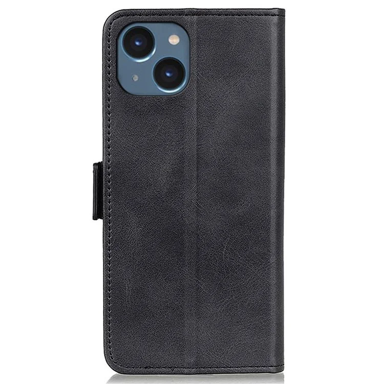 For iPhone 14 6.1 inch Textured Leather Flip Folio Wallet Case Dual Magnetic Clasps Protect Folding Stand Cover - Black