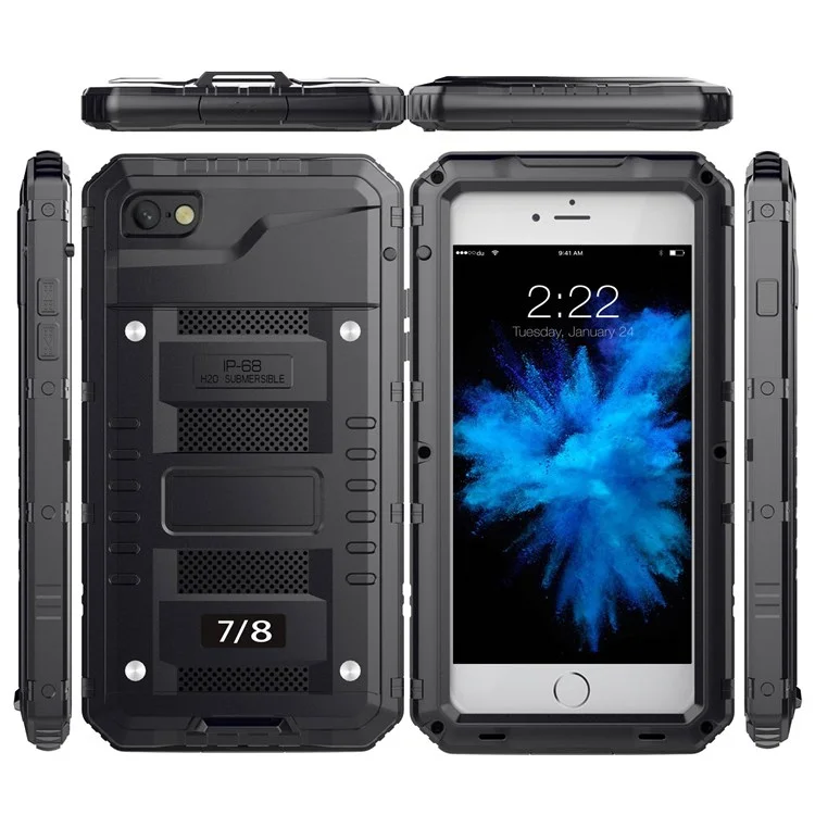 For iPhone 7/8 4.7 inch / SE (2022)/(2020) Shockproof Waterproof Plastic+Metal+Tempered Glass Phone Protective Cover Drop-proof Case - Black