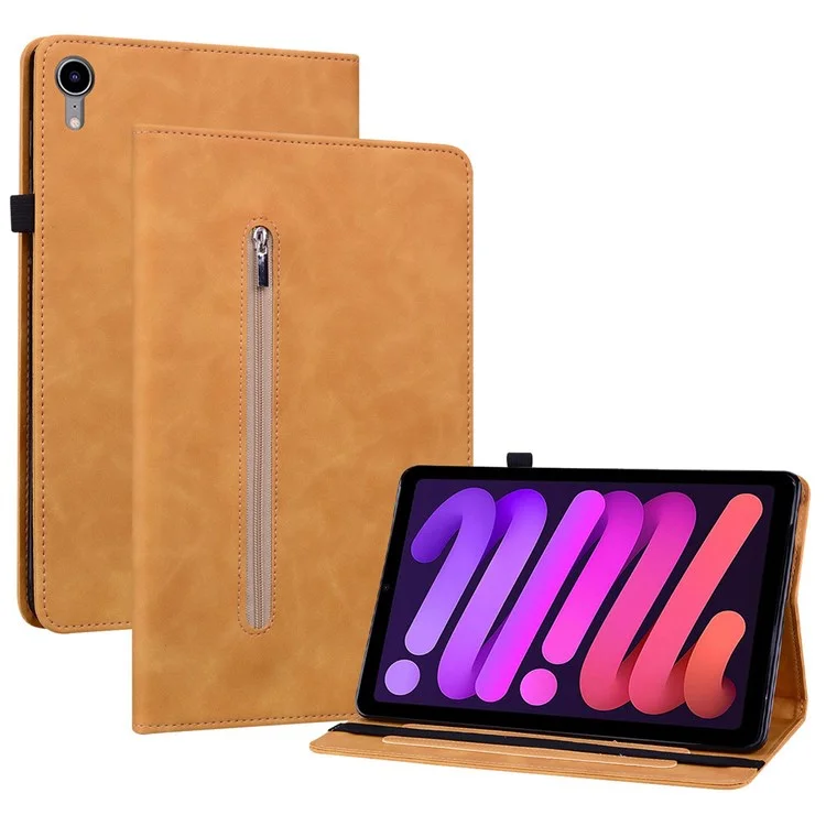 For iPad mini (2024) / mini (2021) Anti-Drop Solid Color Tablet Case with Zipper Pocket Shockproof PU Leather Tablet Protective Cover Wallet Stand - Yellow