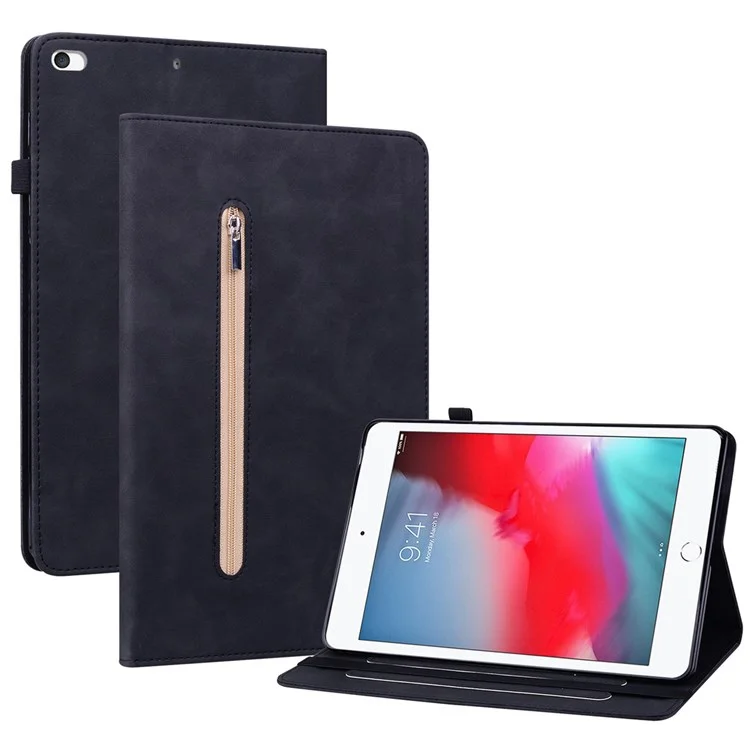 Pour iPad mini (2019) 7.9 pouces / iPad mini 4 / iPad mini 3 / iPad mini 2 / iPad mini Etui pour tablette de couleur unie avec poche zippée Housse de protection complète en cuir PU antichoc Support de portefeuille - Noir
