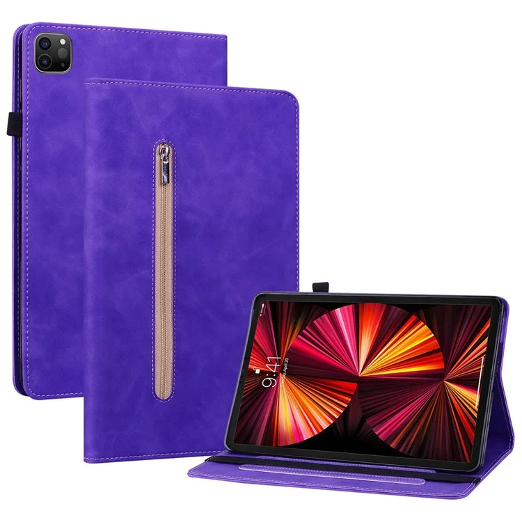 Für iPad Pro 12.9 (2020) / (2021) / (2022) Solid Color Tablet Case mit Reißverschlusstasche, stoßfest, PU-Leder, Tablet-Schutzhülle, Wallet-Design, Ständer, verstärkte Abdeckung - Lila