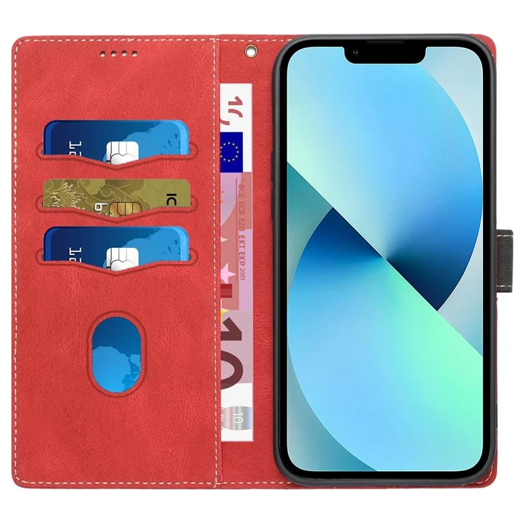 Para Iphone 13 6,1 Polegadas Decoração de Emenda de Grade Bem Protegida Capa de Couro PU - Vermelho