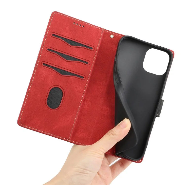 For iPhone 13 6.1 inch Grid Splicing Decor Well-protected PU Leather Cover Dual-sided Magnetic Clasp Phone Stand Wallet Case - Red