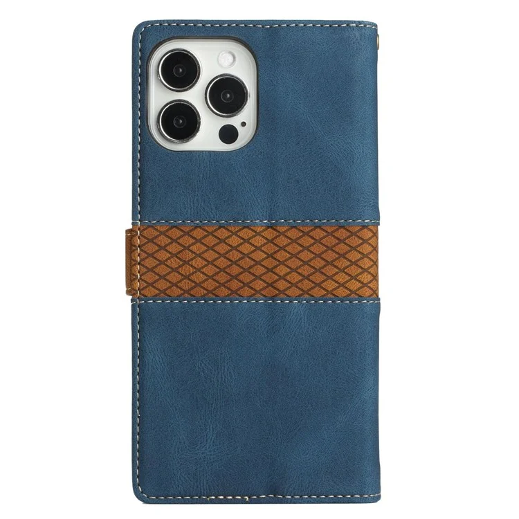 Para Iphone 13 Pro 6.1 Pulgadas de Empalme de Grada Decoración PU Cover Phone Phone Protección de Cuerpo de Cuerpo Funda de Soporte Con Correa - Azul