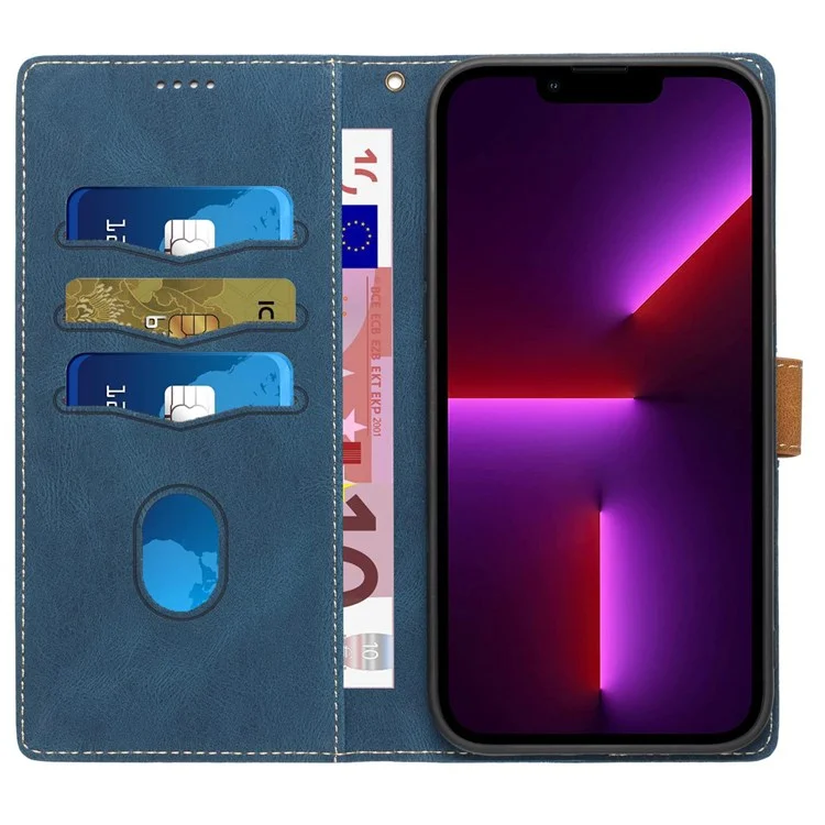 Für Iphone 13 Pro 6.1 Zoll Gitter Spleißdekor PU Leder Telefon Deckung Ganzkörperschutz Stand Wallet Hülle Mit Riemen - Blau