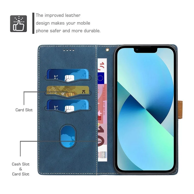 Para Iphone 13 Pro 6,1 Polegadas, Decoração de Splicing Decoração PU Capelo Capelo de Corpo Fullo Corpar - Azul