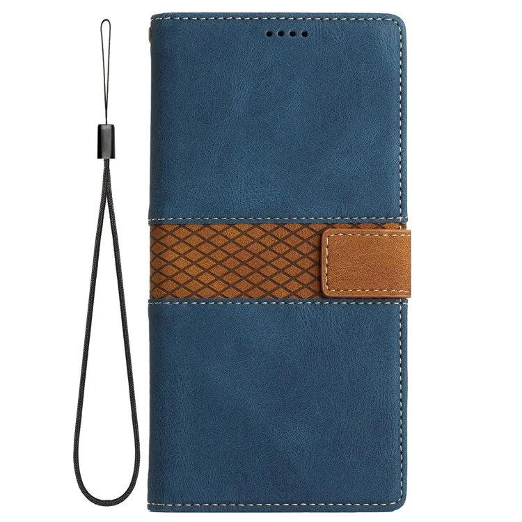 For iPhone 6/6s/7/8 6.7 inch/SE (2020)/SE (2022) Grid Splicing Decor Stand Wallet Style Case PU Leather Drop-proof Protective Shell with Strap - Blue
