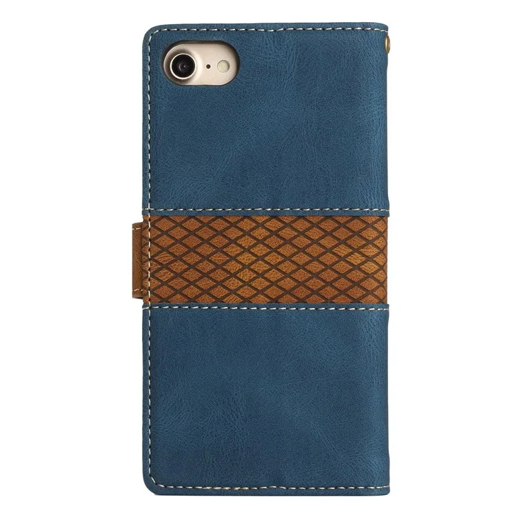 For iPhone 6/6s/7/8 6.7 inch/SE (2020)/SE (2022) Grid Splicing Decor Stand Wallet Style Case PU Leather Drop-proof Protective Shell with Strap - Blue