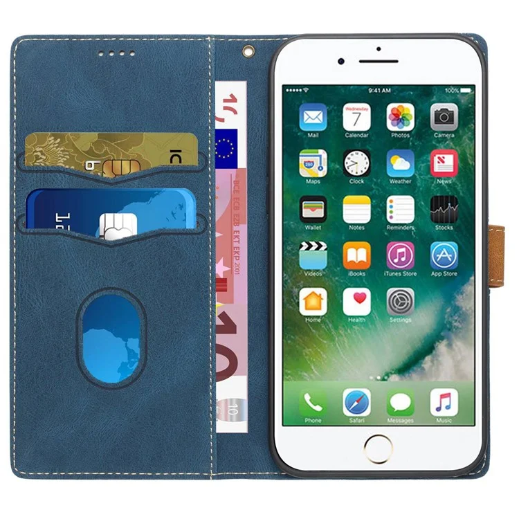 For iPhone 6/6s/7/8 6.7 inch/SE (2020)/SE (2022) Grid Splicing Decor Stand Wallet Style Case PU Leather Drop-proof Protective Shell with Strap - Blue
