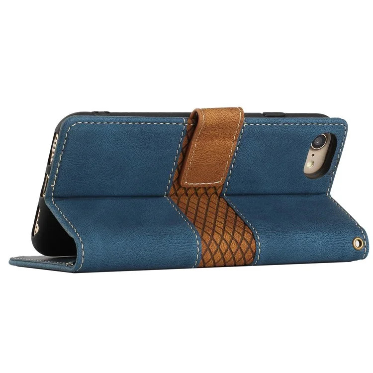 For iPhone 6/6s/7/8 6.7 inch/SE (2020)/SE (2022) Grid Splicing Decor Stand Wallet Style Case PU Leather Drop-proof Protective Shell with Strap - Blue