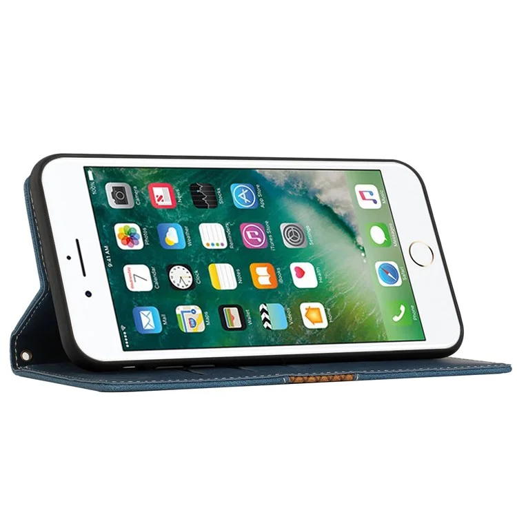 For iPhone 6/6s/7/8 6.7 inch/SE (2020)/SE (2022) Grid Splicing Decor Stand Wallet Style Case PU Leather Drop-proof Protective Shell with Strap - Blue
