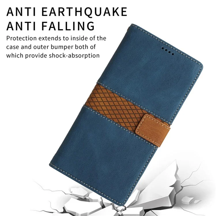 For iPhone 6/6s/7/8 6.7 inch/SE (2020)/SE (2022) Grid Splicing Decor Stand Wallet Style Case PU Leather Drop-proof Protective Shell with Strap - Blue