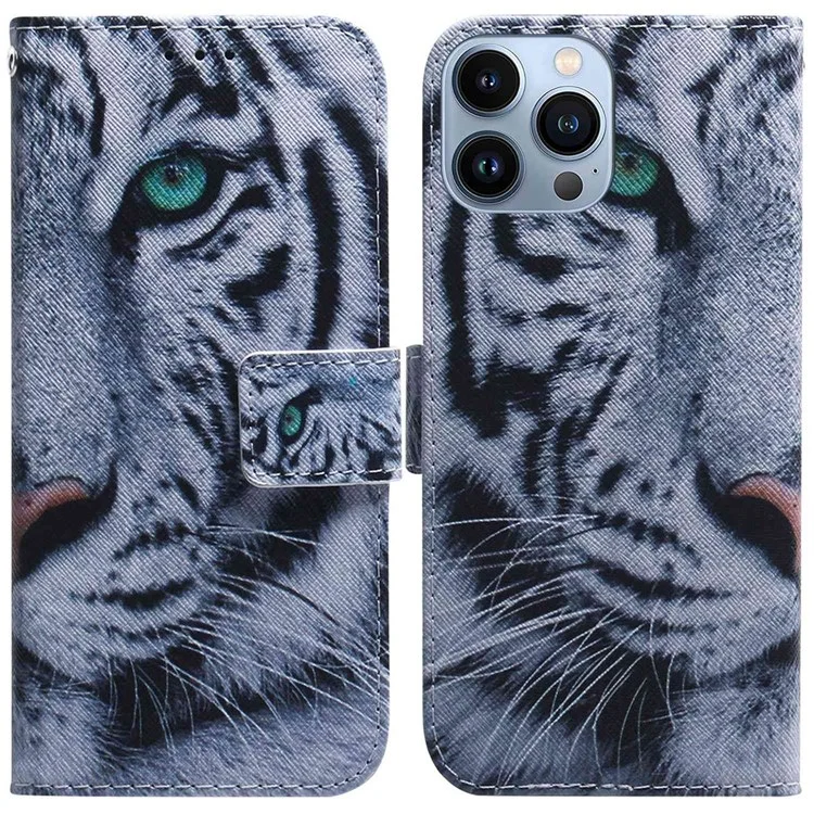 Wallet Stand Phone Cover für iPhone 14 Pro 6.1 Zoll, PU-Leder Muster Bedruckt Stoßfeste Hülle - Tiger Kopf