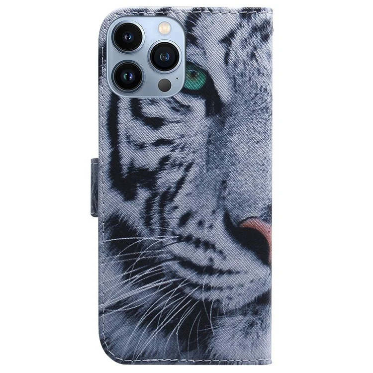 Wallet Stand Phone Cover für iPhone 14 Pro 6.1 Zoll, PU-Leder Muster Bedruckt Stoßfeste Hülle - Tiger Kopf