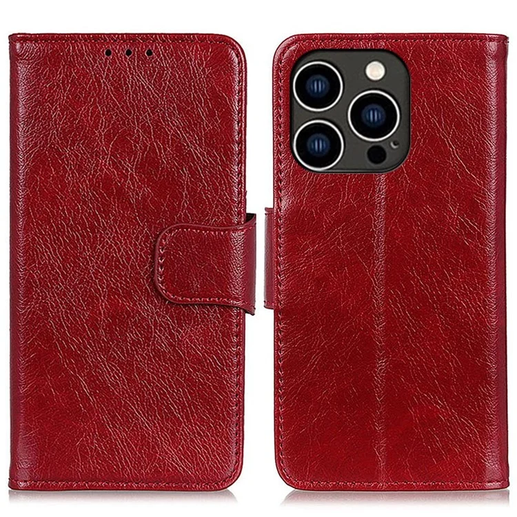 For iPhone 14 Pro 6.1 inch Split Leather Nappa Texture Phone Case with Magnetic Closure Stand Wallet Shockproof Phone Cover - Red