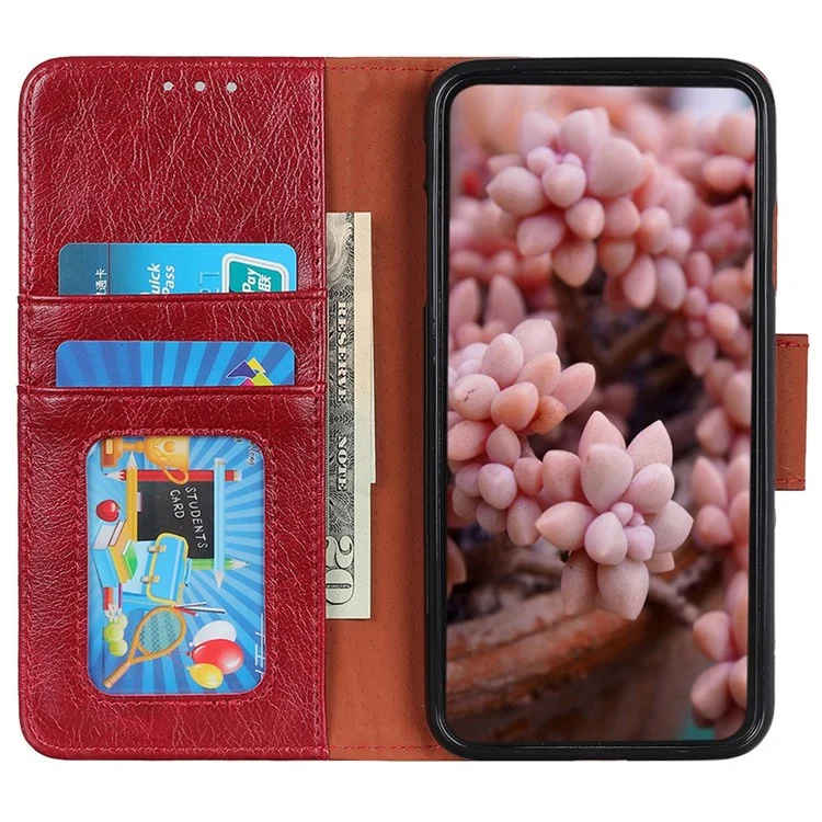 For iPhone 14 Pro 6.1 inch Split Leather Nappa Texture Phone Case with Magnetic Closure Stand Wallet Shockproof Phone Cover - Red