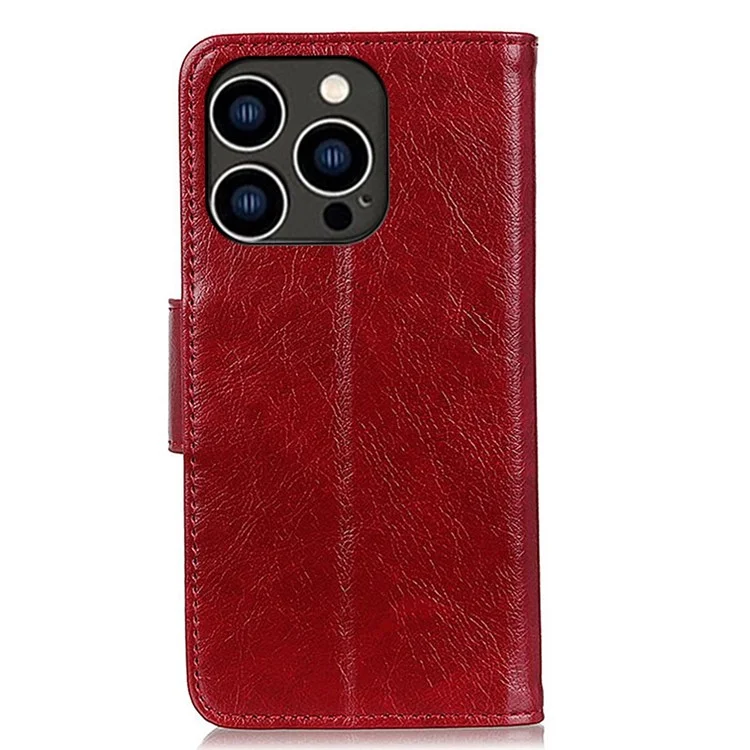 For iPhone 14 Pro 6.1 inch Split Leather Nappa Texture Phone Case with Magnetic Closure Stand Wallet Shockproof Phone Cover - Red