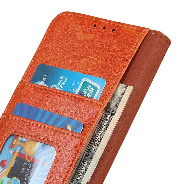 Para Iphone 14 Pro Max 6.7 Pulgadas Cubierta de Teléfono Protectora Con Ranuras Para Tarjetas de Cuero Dividido Case de Textura Magnetic Cierre Magnética Soporte de la Billetera Del Teléfono - Naranja