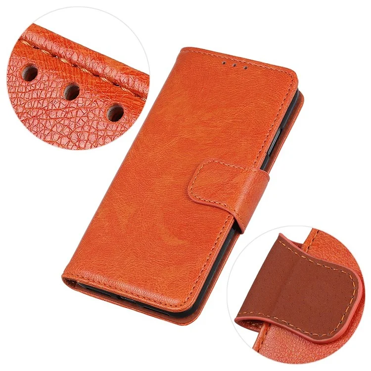 For iPhone 14 Pro Max 6.7 inch Protective Phone Cover with Card Slots Split Leather Nappa Texture Case Magnetic Closure Stand Wallet Phone Shell - Orange