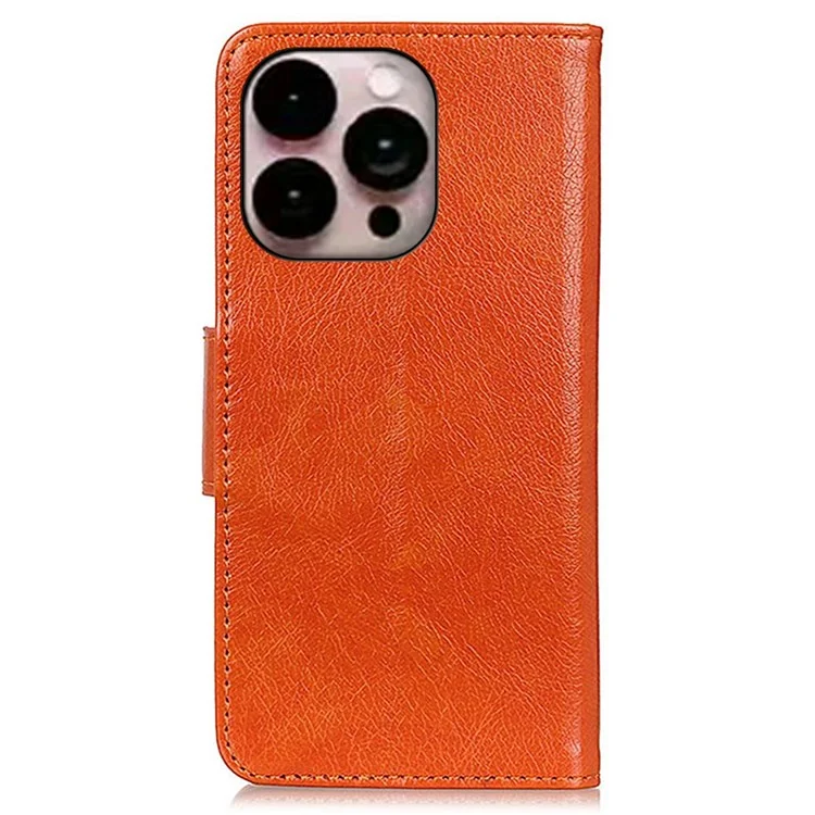 For iPhone 14 Pro Max 6.7 inch Protective Phone Cover with Card Slots Split Leather Nappa Texture Case Magnetic Closure Stand Wallet Phone Shell - Orange