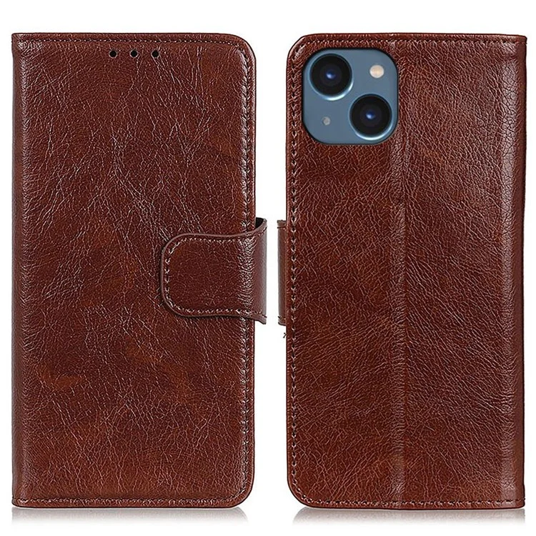 Split Leather Nappa Texture Phone Case for iPhone 14 6.1 inch, Magnetic Closure Stand Wallet Anti-drop Phone Cover Shockproof Mobile Phone Shell - Brown