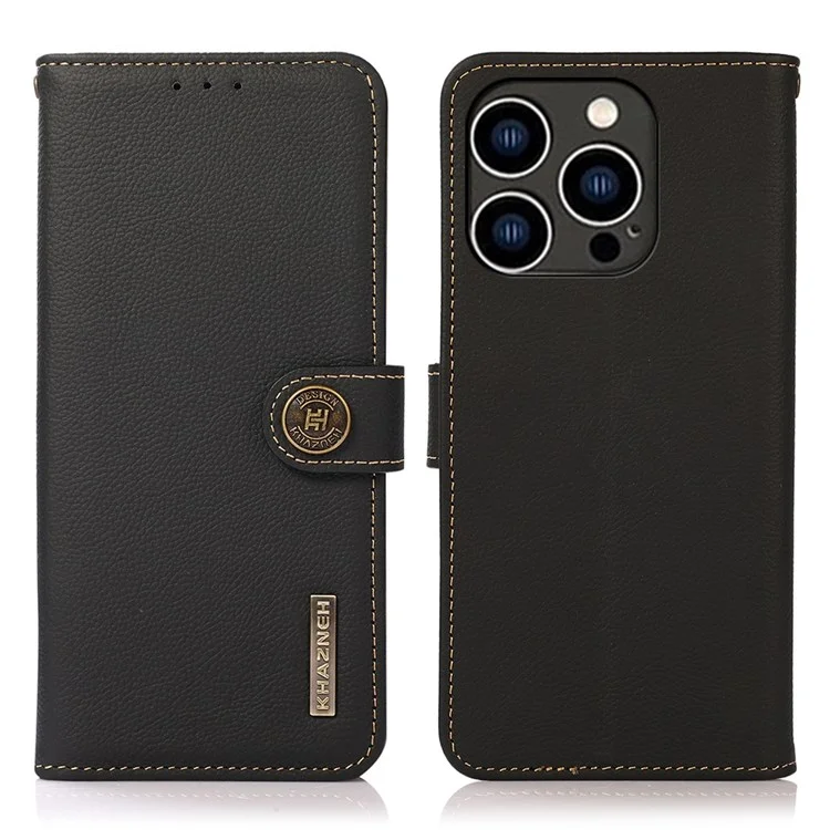 Khazneh Para Iphone 14 Pro 6.1 Pulgadas RFID de Cuero Genuino Bloqueo Flip Magneta Magnética Case de Billetera Folio Folio Folio Book Cover - Negro