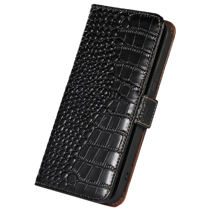 Crocodile Texture Phone Case for iPhone 14 6.1 inch, Genuine Cowhide Leather RFID Blocking Stand Wallet Cover - Black
