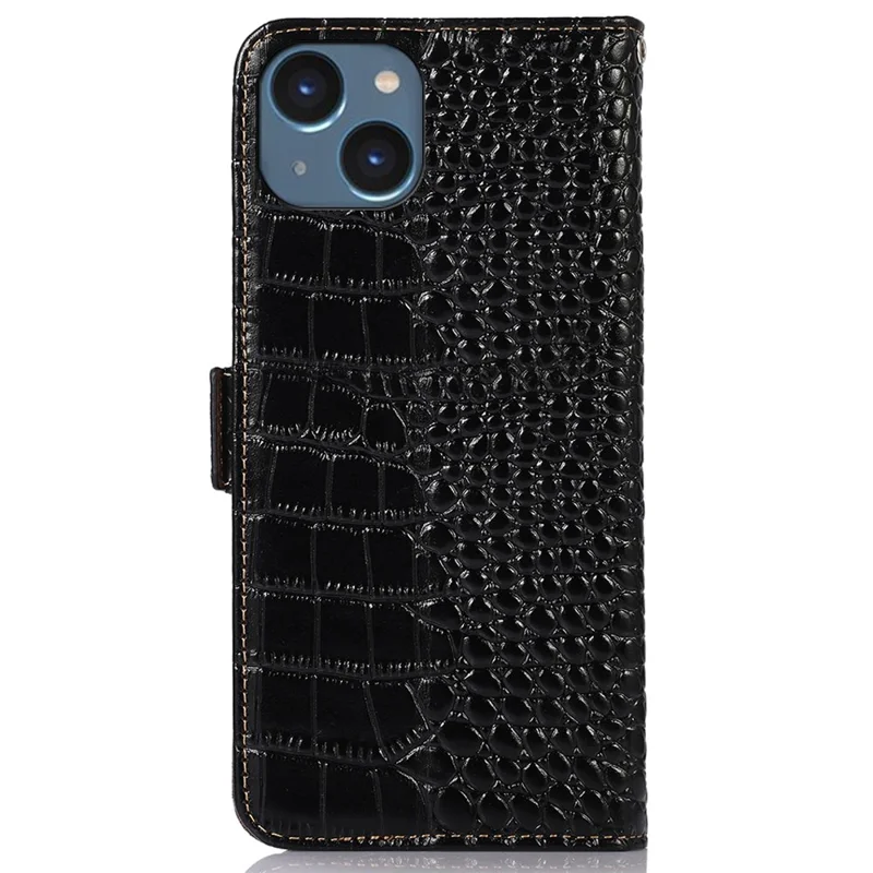 Crocodile Texture Phone Case for iPhone 14 6.1 inch, Genuine Cowhide Leather RFID Blocking Stand Wallet Cover - Black