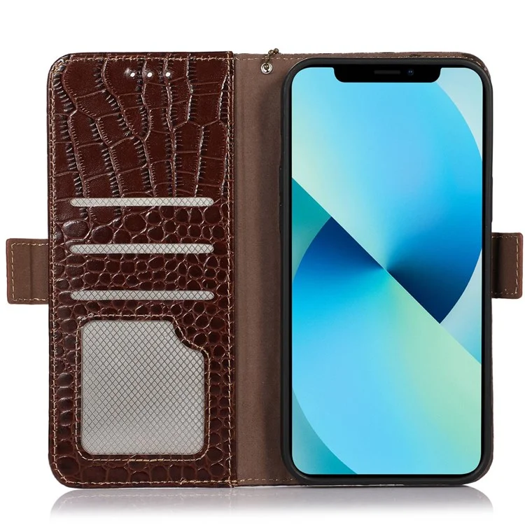 Étui de téléphone à texture de crocodile pour iPhone 14 6.1 pouces, portefeuille en cuir véritable de vache RFID Blocking Stand - Marron