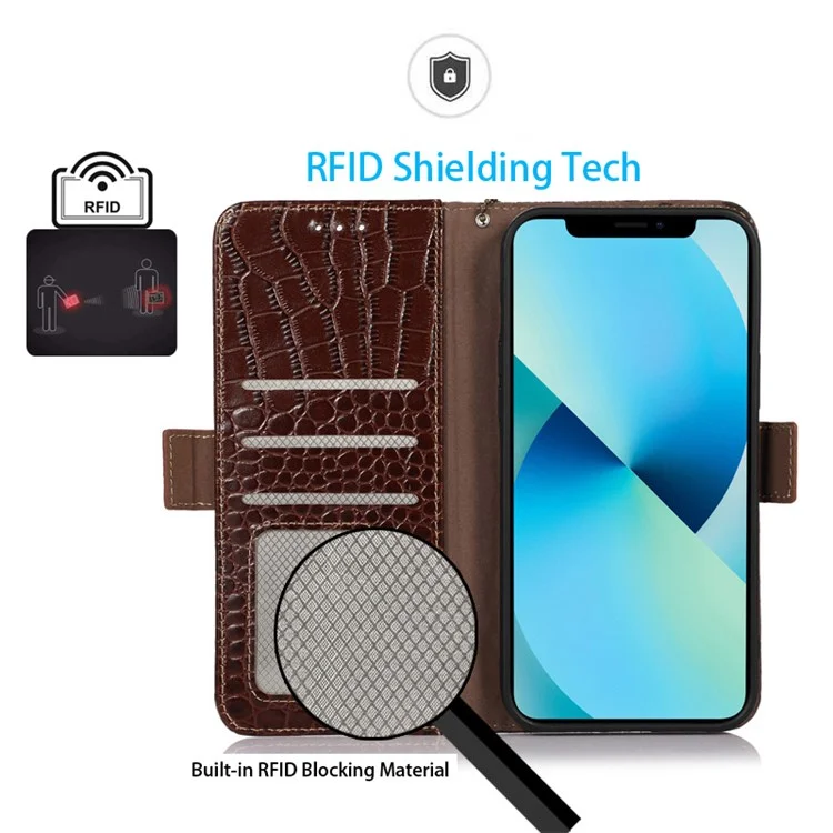 Étui de téléphone à texture de crocodile pour iPhone 14 6.1 pouces, portefeuille en cuir véritable de vache RFID Blocking Stand - Marron