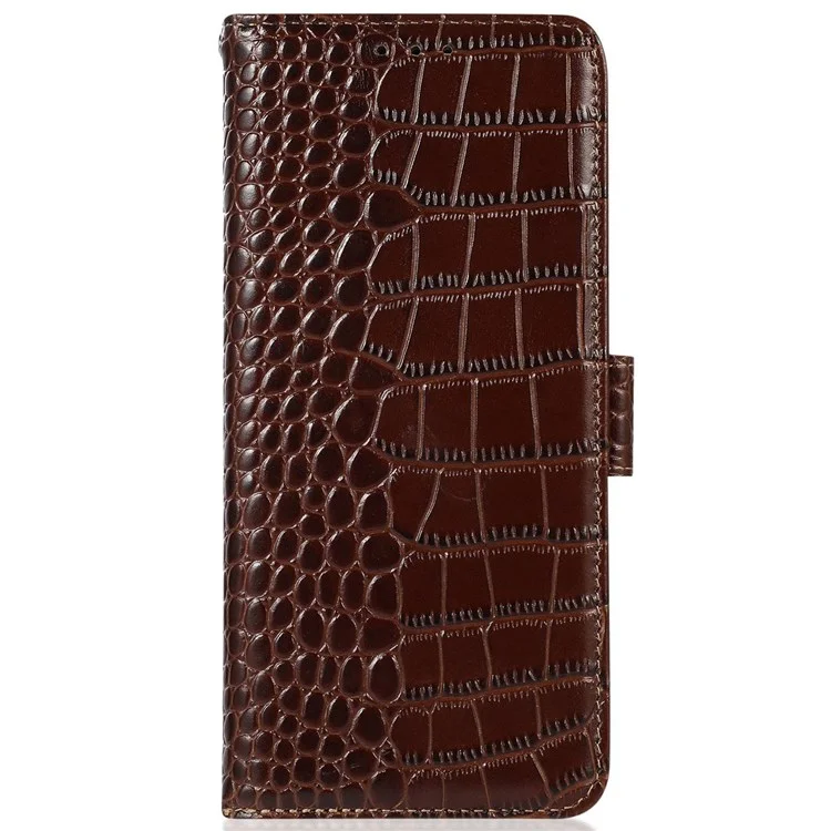 Étui de téléphone à texture de crocodile pour iPhone 14 6.1 pouces, portefeuille en cuir véritable de vache RFID Blocking Stand - Marron