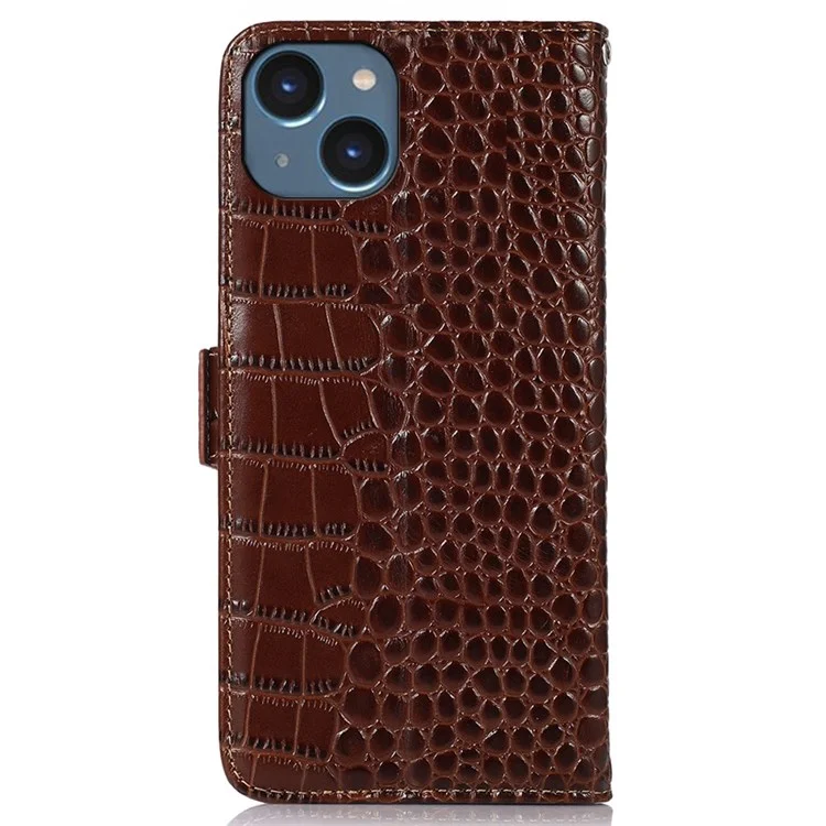Étui de téléphone à texture de crocodile pour iPhone 14 6.1 pouces, portefeuille en cuir véritable de vache RFID Blocking Stand - Marron