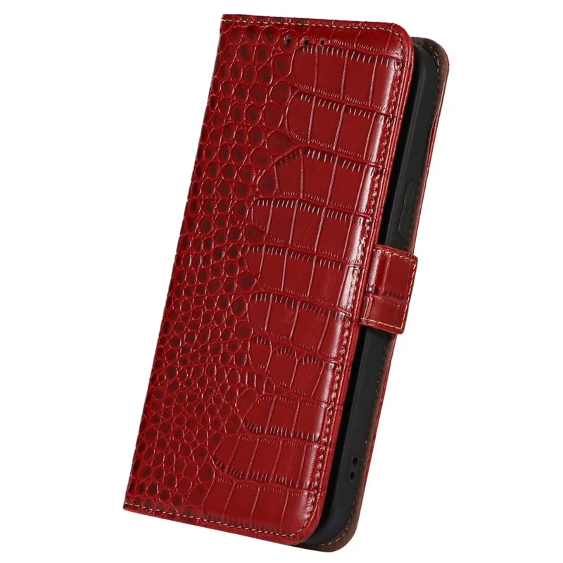 Crocodile Texture Phone Case for iPhone 14 Pro 6.1 inch, Genuine Cowhide Leather Magnetic Clasp RFID Blocking Shell with Stand Wallet - Red