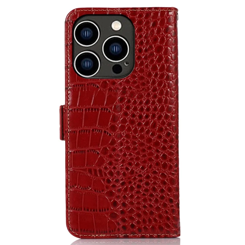 Crocodile Texture Phone Case for iPhone 14 Pro 6.1 inch, Genuine Cowhide Leather Magnetic Clasp RFID Blocking Shell with Stand Wallet - Red