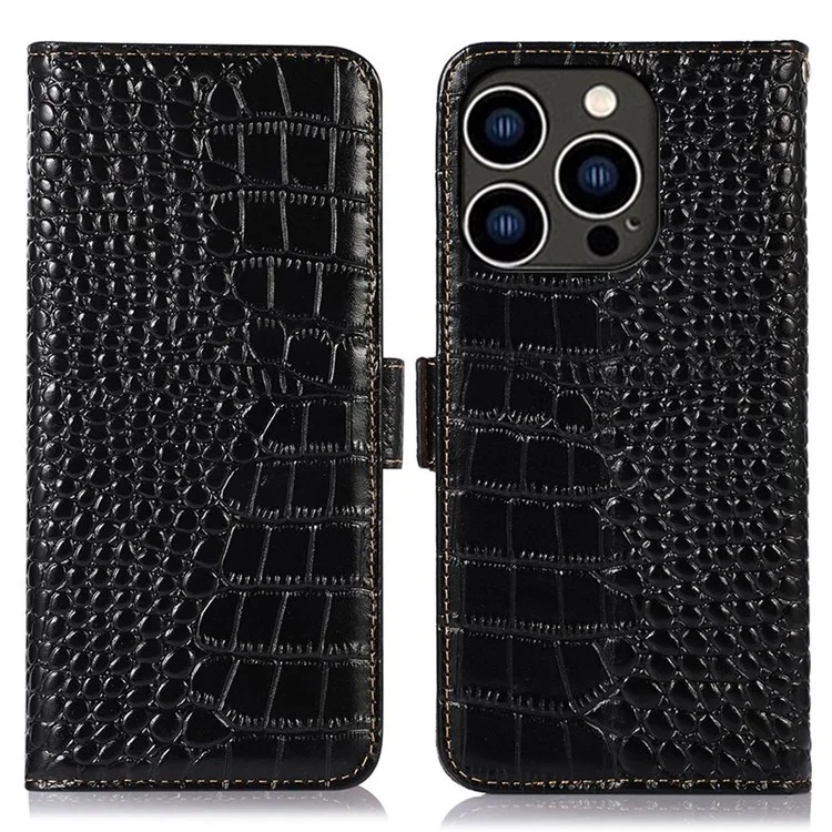 Crocodile Texture Phone Case für iPhone 14 Pro 6.1 Zoll, echtes Rindsleder, magnetischer Verschluss, RFID-blockierendes Gehäuse mit Ständer und Geldbörse - Schwarz