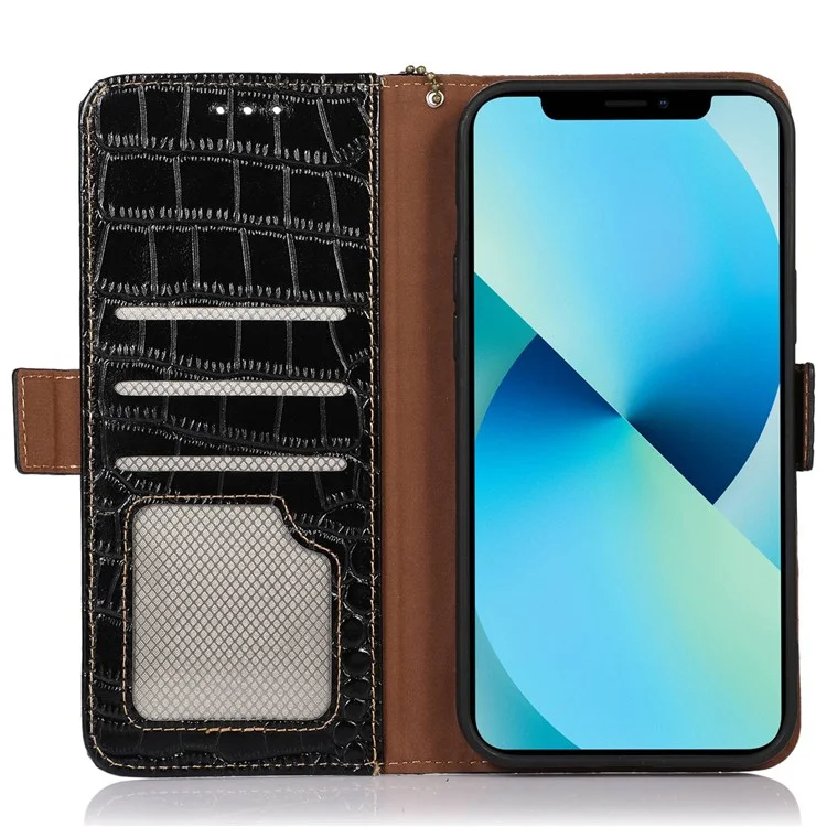 Crocodile Texture Phone Case für iPhone 14 Pro 6.1 Zoll, echtes Rindsleder, magnetischer Verschluss, RFID-blockierendes Gehäuse mit Ständer und Geldbörse - Schwarz