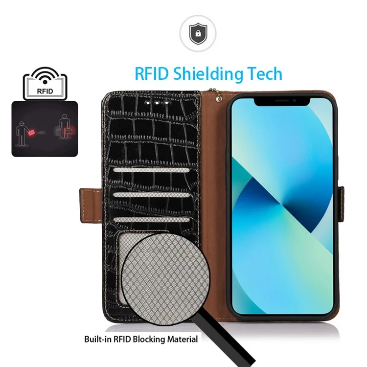 Crocodile Texture Phone Case für iPhone 14 Pro 6.1 Zoll, echtes Rindsleder, magnetischer Verschluss, RFID-blockierendes Gehäuse mit Ständer und Geldbörse - Schwarz