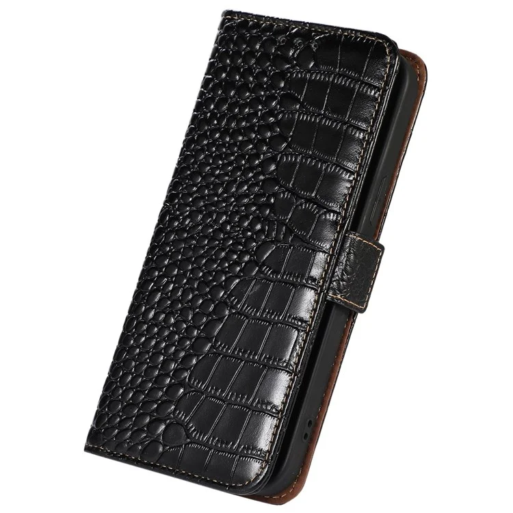 Crocodile Texture Phone Case für iPhone 14 Pro 6.1 Zoll, echtes Rindsleder, magnetischer Verschluss, RFID-blockierendes Gehäuse mit Ständer und Geldbörse - Schwarz