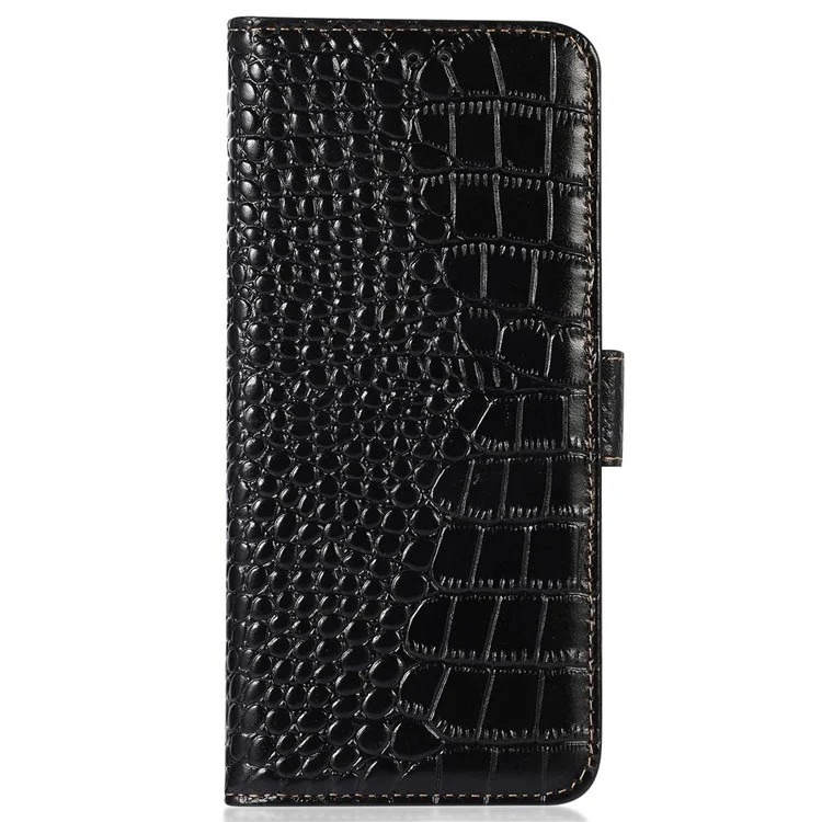 Crocodile Texture Phone Case für iPhone 14 Pro 6.1 Zoll, echtes Rindsleder, magnetischer Verschluss, RFID-blockierendes Gehäuse mit Ständer und Geldbörse - Schwarz