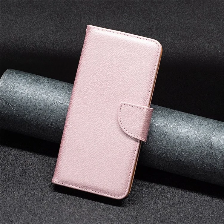 For iPhone 14 Plus Wallet Case Litchi Texture Flip Leather Mobile Cover Stand with Strap - Rose Gold