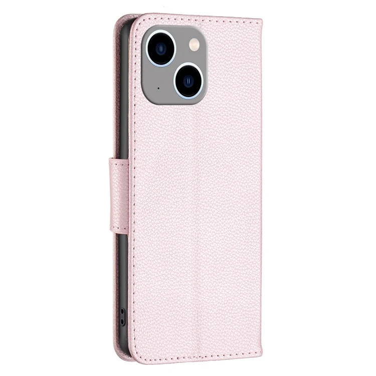 For iPhone 14 Plus Wallet Case Litchi Texture Flip Leather Mobile Cover Stand with Strap - Rose Gold