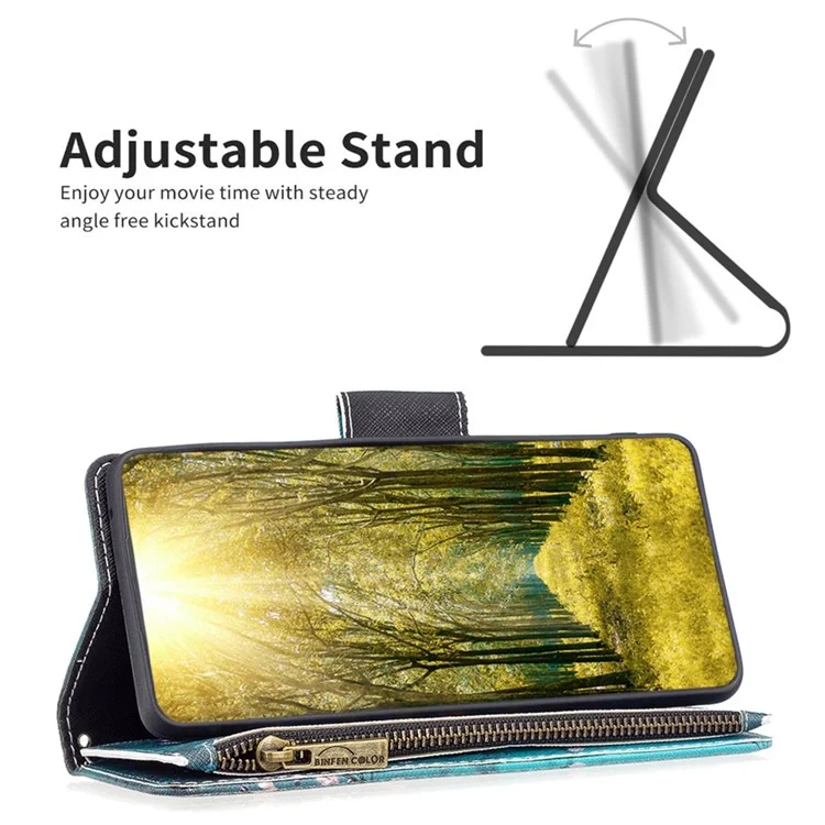 For iPhone 14 Plus Leather Case with Strap Pattern Printing Zipper Wallet Phone Stand Cover - Winter Sweet