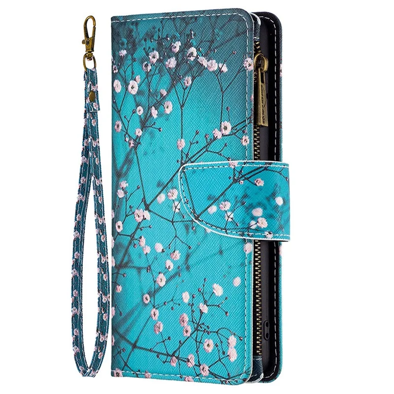 For iPhone 14 Plus Leather Case with Strap Pattern Printing Zipper Wallet Phone Stand Cover - Winter Sweet